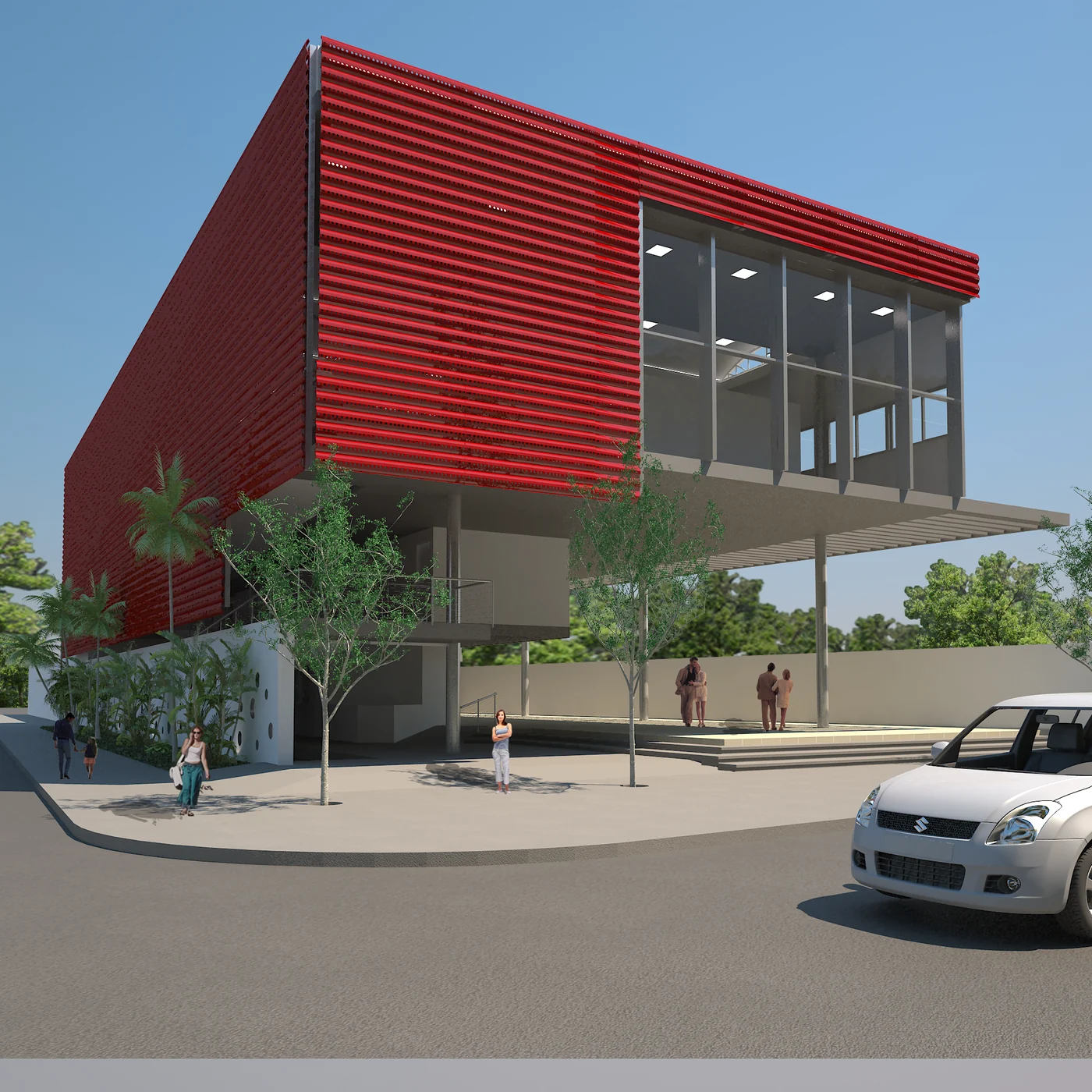 Render del proyecto: el volumen rojo sobre el zócalo abierto de la esquina.