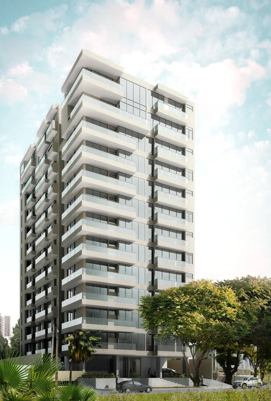 Render del proyecto: la torre vista desde la calle, entre los árboles.