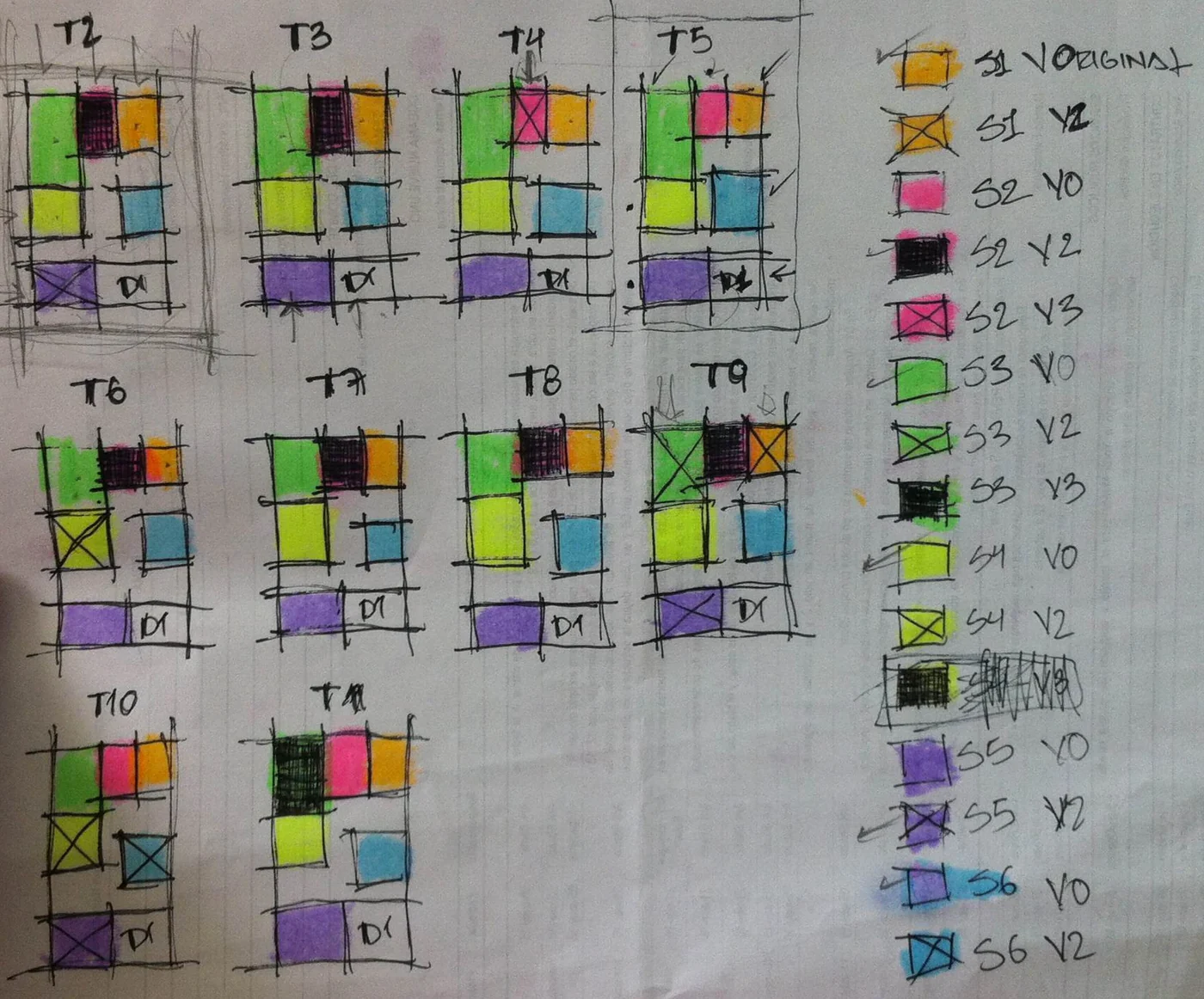 El esquema a mano de los tipos de apartamento, coloreado piso por piso.